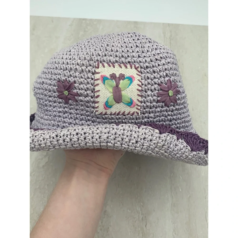 Vintage 90s Cherokee Brand Purple Woven Bucket Hat Butterfly Needlepoint Patch